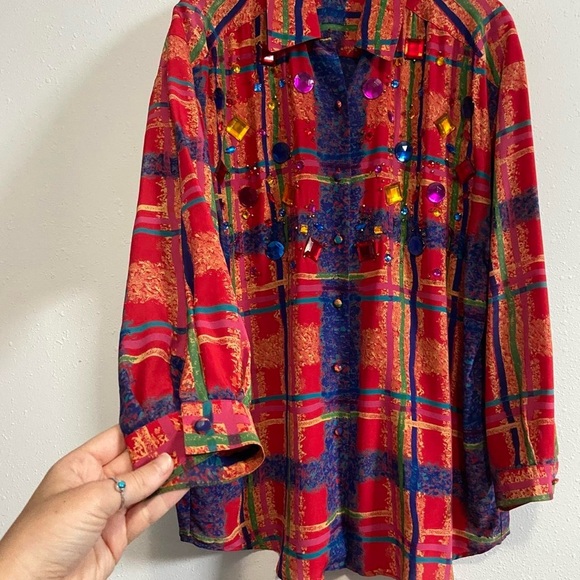 Vintage 90s Silk Jewels Bling Art To Wear Funky Blouse - Picture 2 of 5